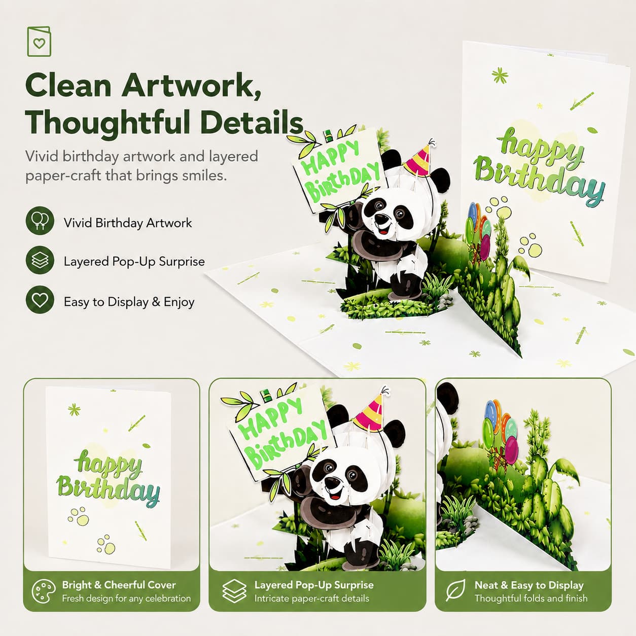 Feature image highlighting panda artwork, layered pop-up paper details and cheerful botanical elements.