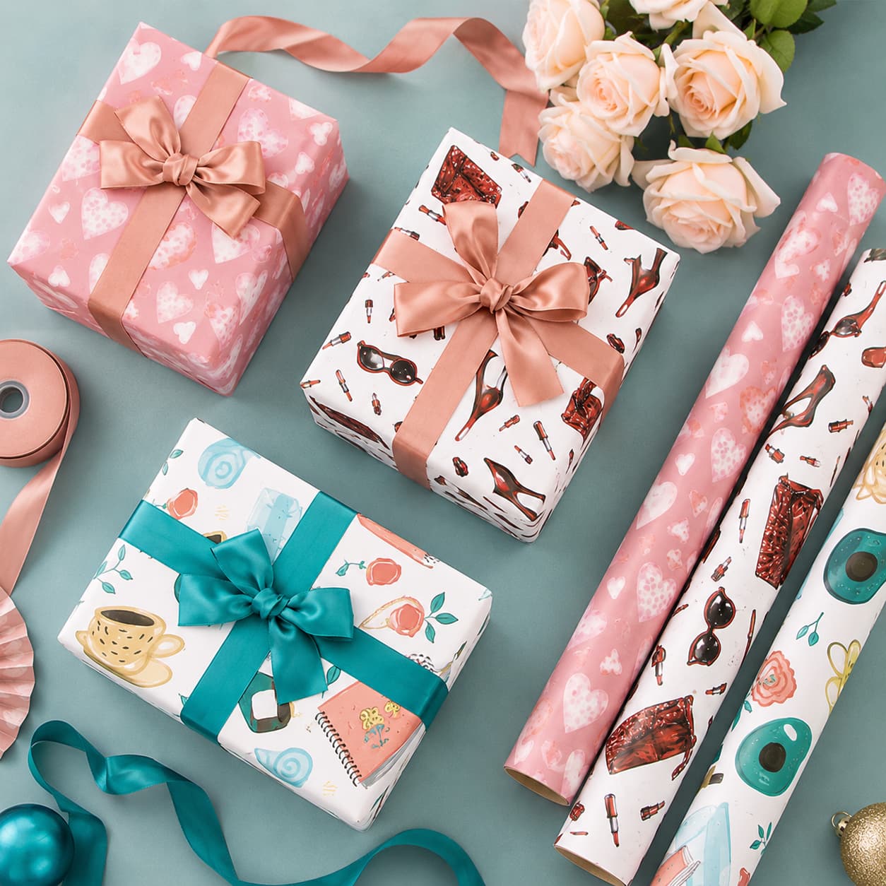 Three patterned papers shown with wrapped gifts, ribbons, and flowers.