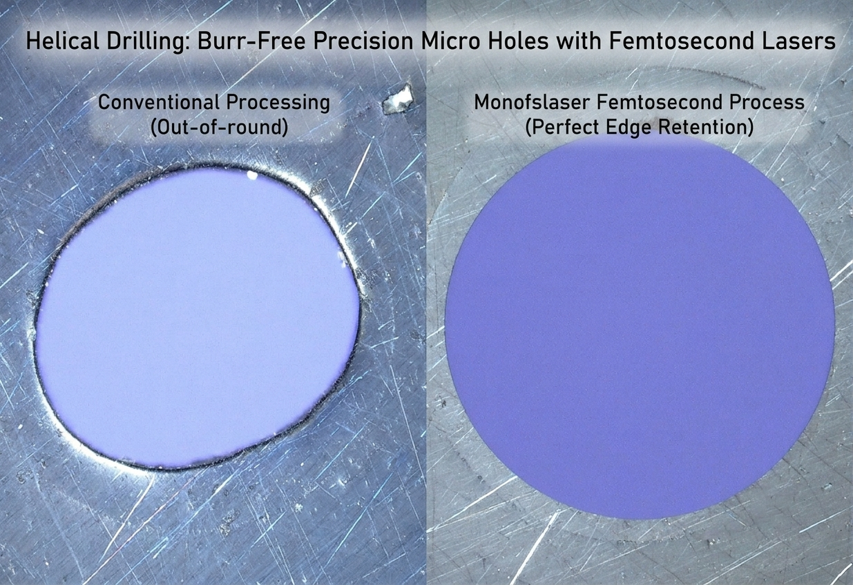 Perforación helicoidal: microagujeros de precisión sin rebabas con láseres de femtosegundos.