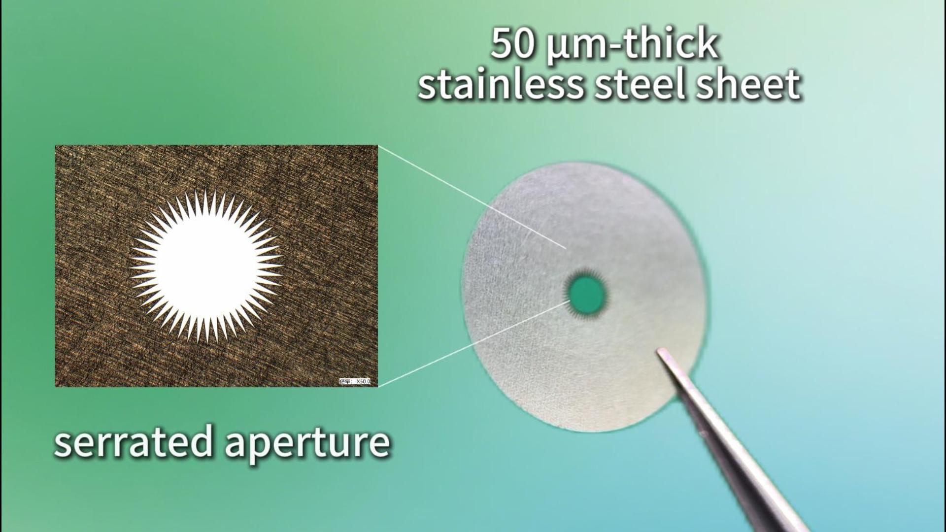 Femtosecond laser machined internal serrated aperture in a circular metal substrate with precision toothed inner profile