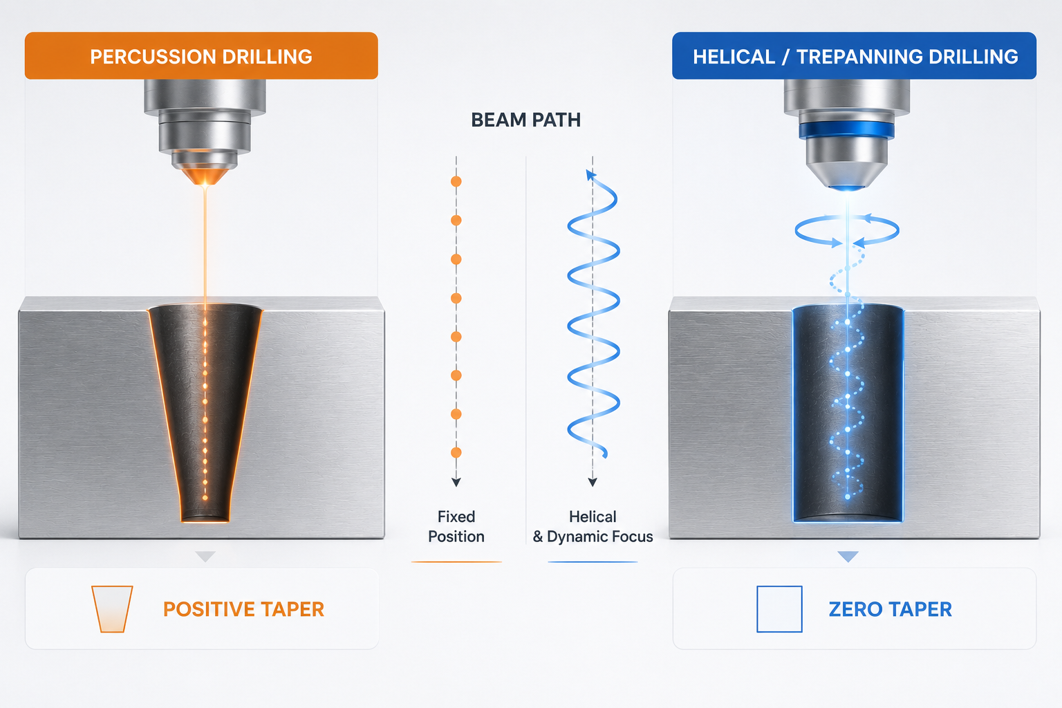 Comparison of percussion drilling and helical trepanning in femtosecond laser drilling, showing positive taper and zero-taper hole formation.