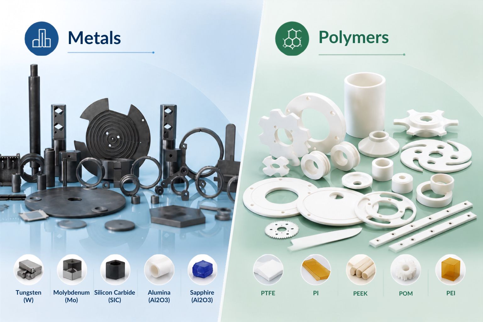 Advanced materials suitable for femtosecond laser precision turning, including metals, ceramics, and polymers.