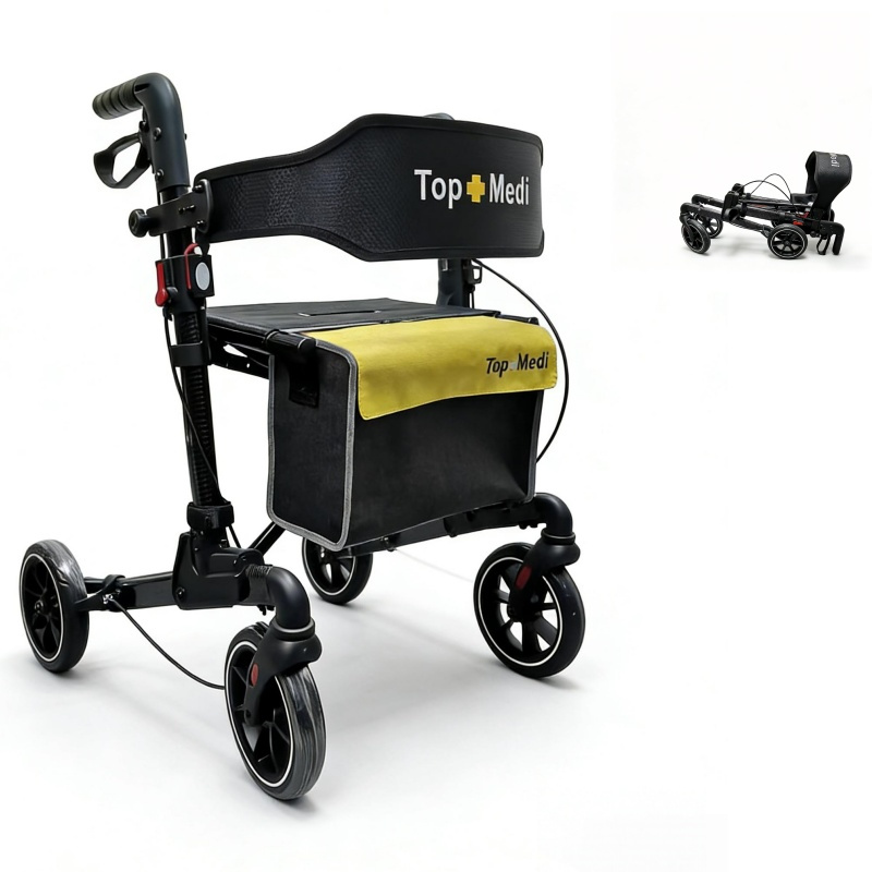 Topmedi TWA9721L Heavy-Duty 4-Wheel Rollator 136kg Capacity Patented One-Click Double Folding 79-96.5cm Adjustable Height