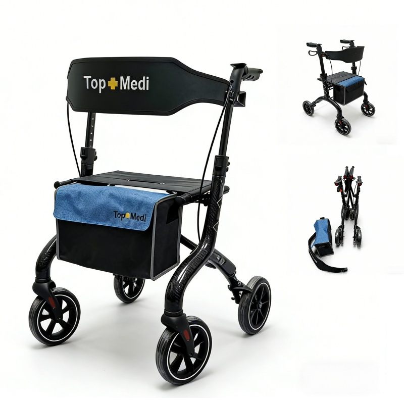 Topmedi TWA9717L Premium Carbon Fiber Rollator for Seniors Lightweight 6kg Foldable 136kg Capacity 4-Wheel with Basket
