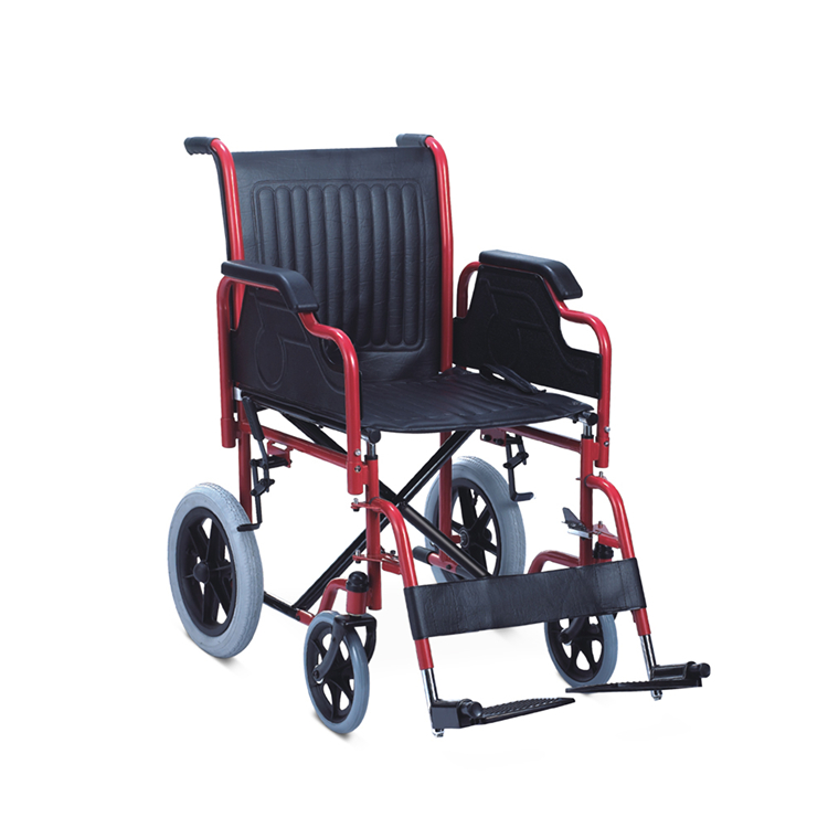 Topmedi TSW904B तह स्टील मैनुअल व्हीलचेयर 14.3kg 100kg क्षमता वियोज्य डेस्क आर्मरेस्ट वायवीय मैग पहिया