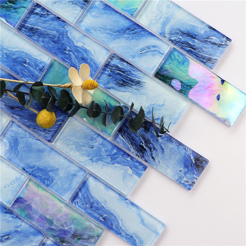 Blue Iridescent Glass Pool Tile - Lyons 1.5x4 Aqua Mosaic for Swimming Pools