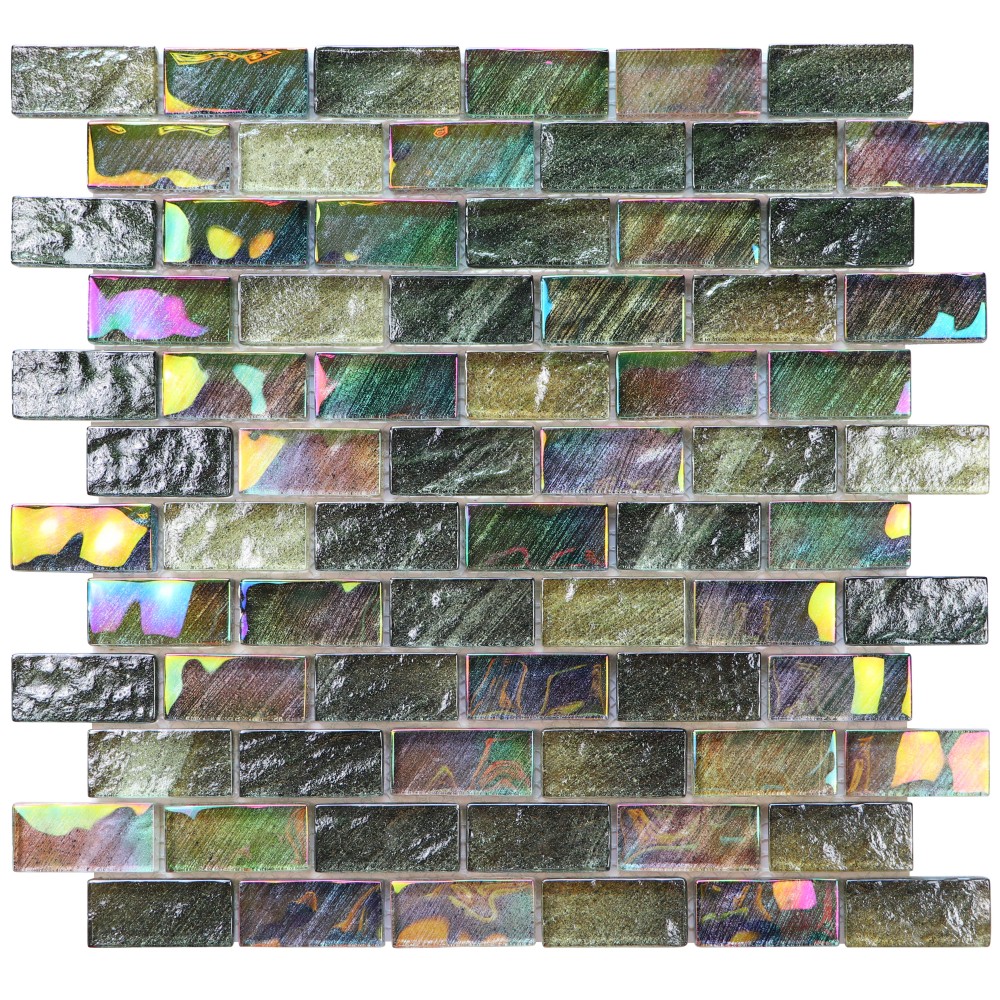 Epsom 1x2 Dark Grey Iridescent Crystal Glass Mosaic Tile