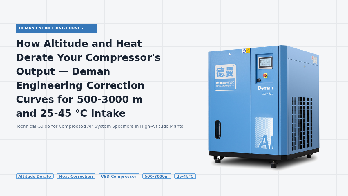 Rakım ve Isı Kompresörünüzün Çıkışını Nasıl Düşürür — Deman Mühendislik Düzeltme Eğrileri (500-3000 m ve 25-45 °C Giriş Sıcaklığı) Vidalı hava kompresörleri için 500-300 m rakımlarda saha ölçümlerine dayalı FAD düzeltme faktörleri