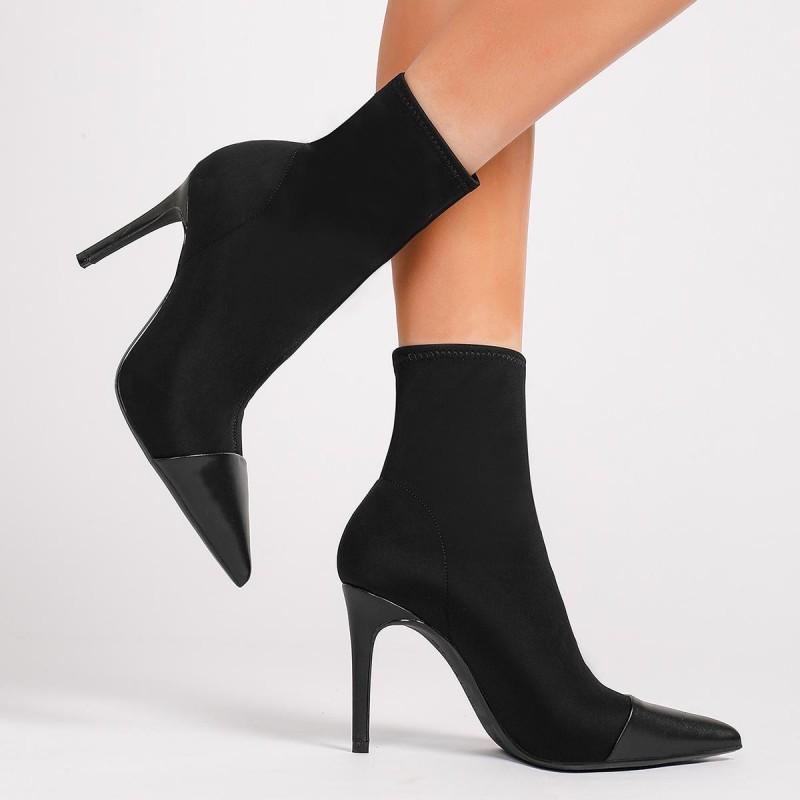 Black Quiet Sock Boot Pointed-Toe Contrast-Toe High Heel Ankle Boots