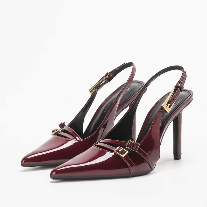 Burgundy Patent Pointed-Toe Quiet Women's Slingback Heels Party Shoes