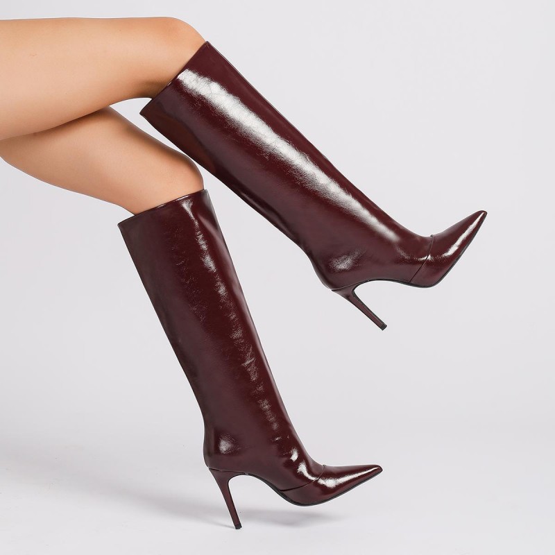 Quiet Burgundy Patent Leather Pointed-Toe High Heel Knee-High Boots Party