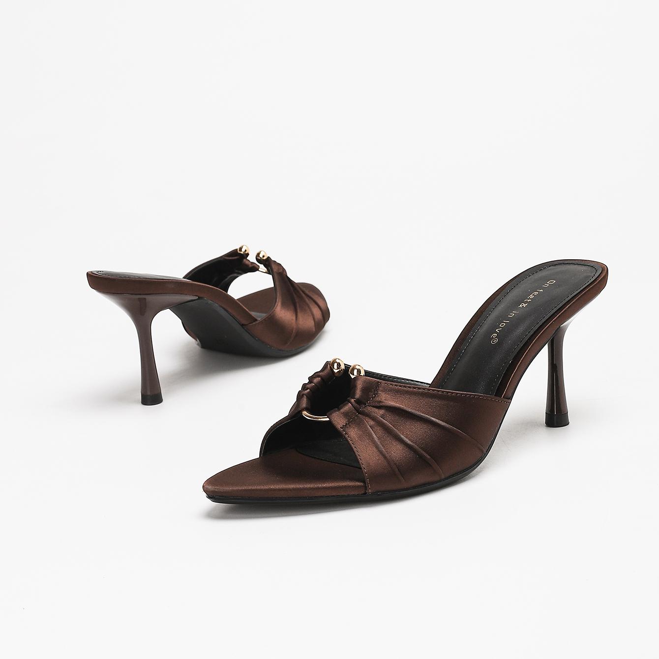 Satin Brown Metal-Accent Quiet Mule Heel Sandals