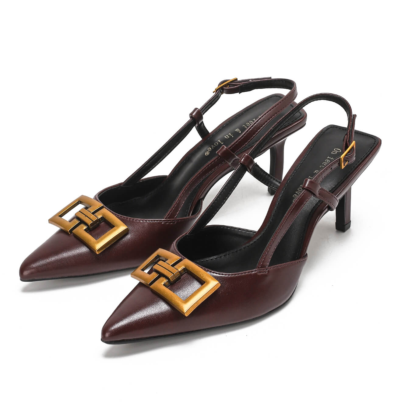 Burgundy Pointed-Toe Metal Buckle Quiet Women's Slingback Heels