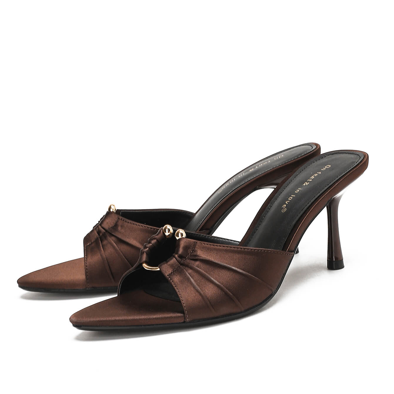 Satin Brown Metal-Accent Quiet Mule Heel Sandals — Fashion Retail