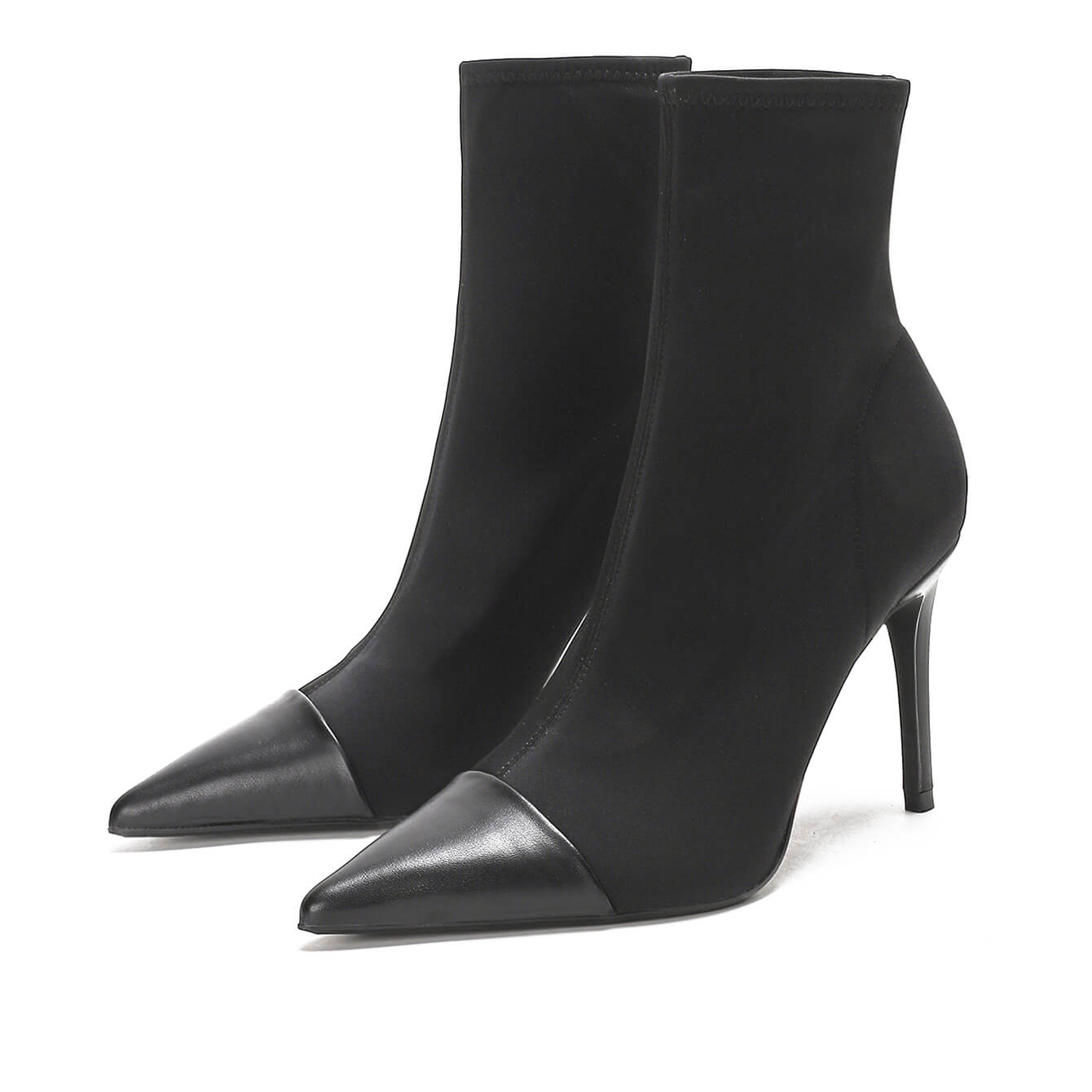 Black Quiet Sock Boot Pointed-Toe Contrast-Toe High Heel Ankle Boots — Fashion Retail
