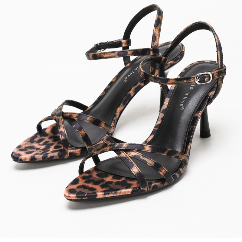 Leopard Print Satin Strappy Heeled Sandals for Office Wear
