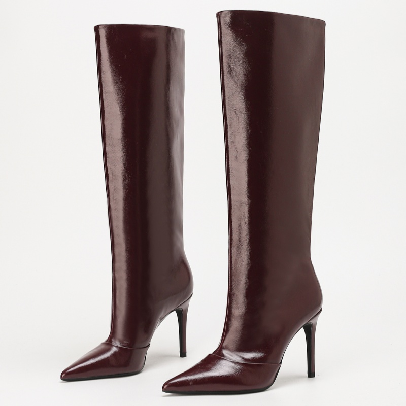 Quiet Burgundy Patent Leather Pointed-Toe High Heel Knee-High Boots — Fashion Retail