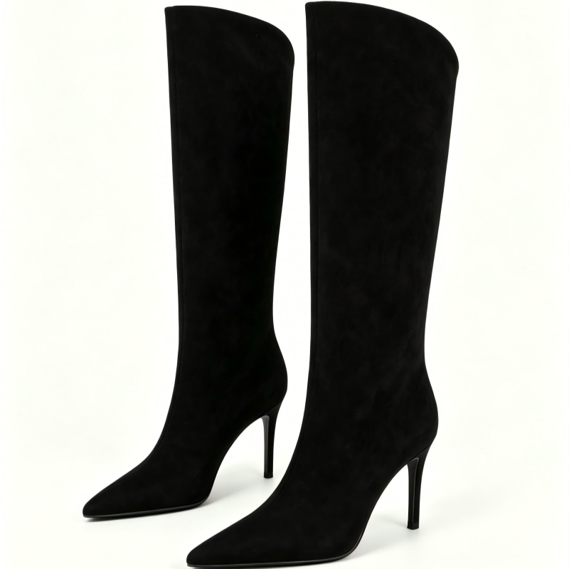 Black Quiet Suede Pointed-Toe High Heel Knee-High Boots — Fashion Retail