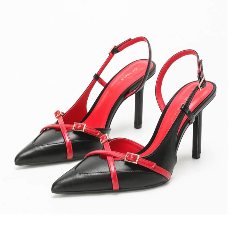 Black & Red Buckle Slingback Heels