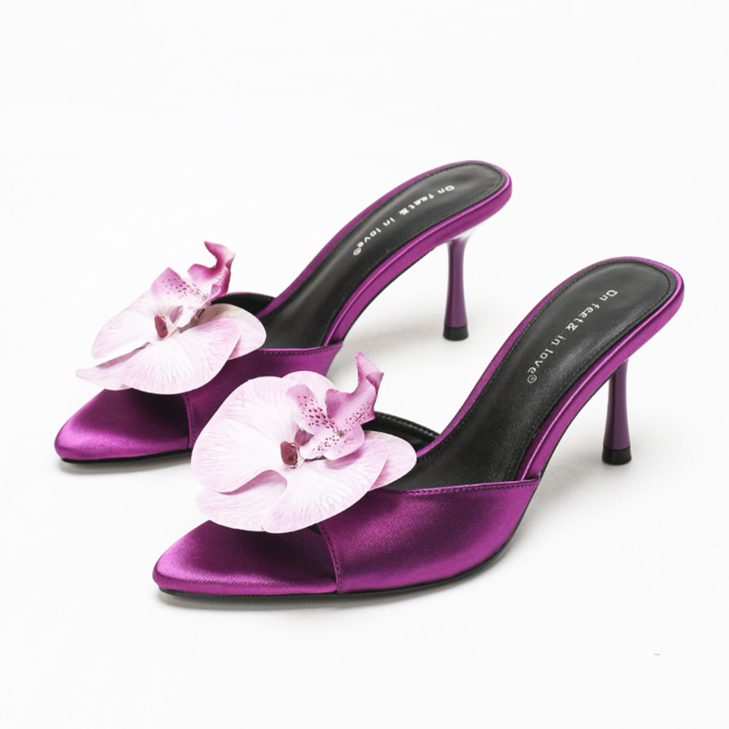 Purple Orchid Satin Pointed Heel Mules Italy