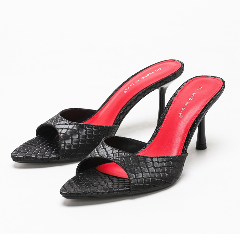 Black Croc Embossed Square Toe Heel Mules — Italy OEM