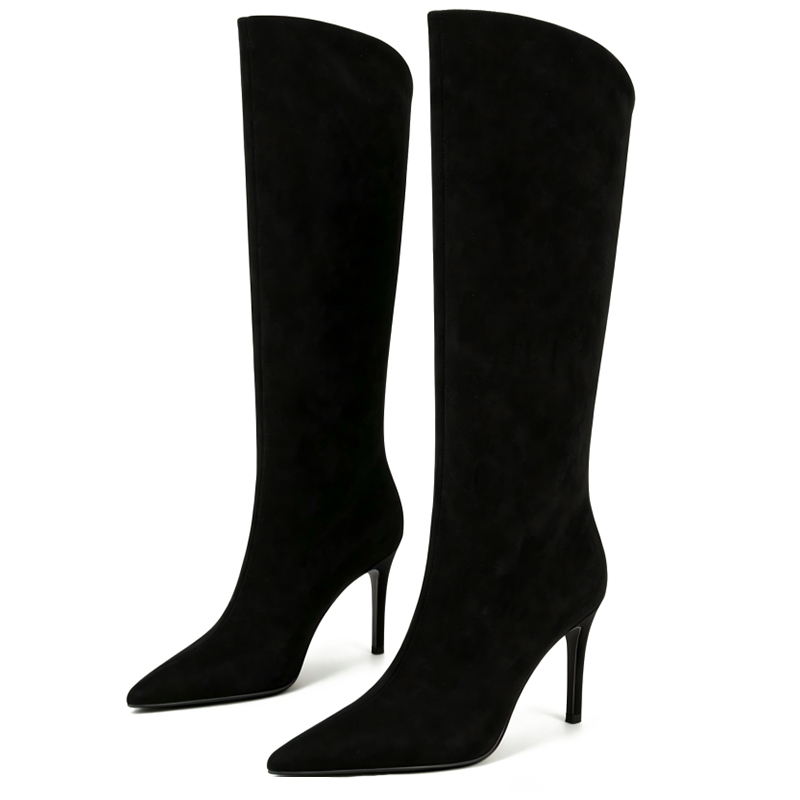 Black Quiet Suede Pointed-Toe High Heel Knee-High Boots