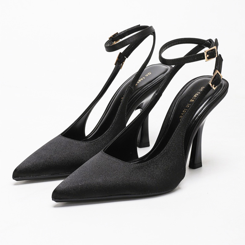 Black Satin Pointed Toe Ankle Strap High Heels