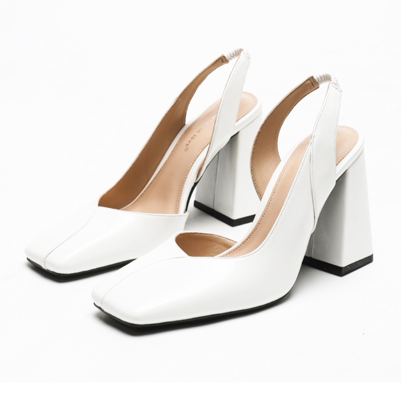 White Square Toe Block Heel Slingbacks — Italy OEM