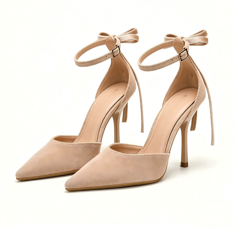 Nude Bow Ankle Strap Pointed Stiletto Heels for Australia