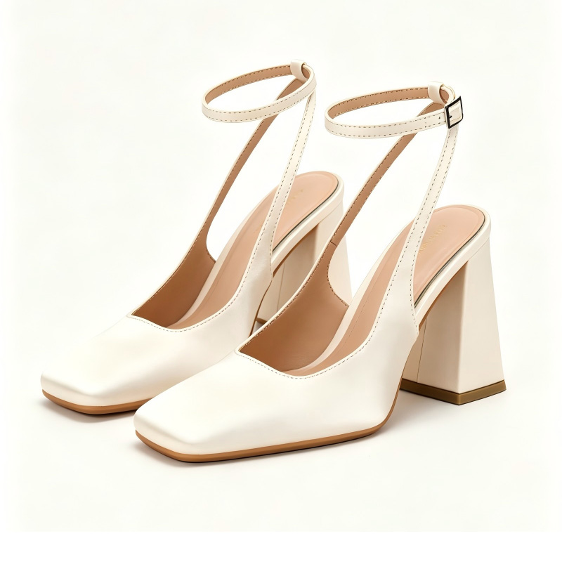 Ivory Satin Square Toe Ankle Strap Block Heels