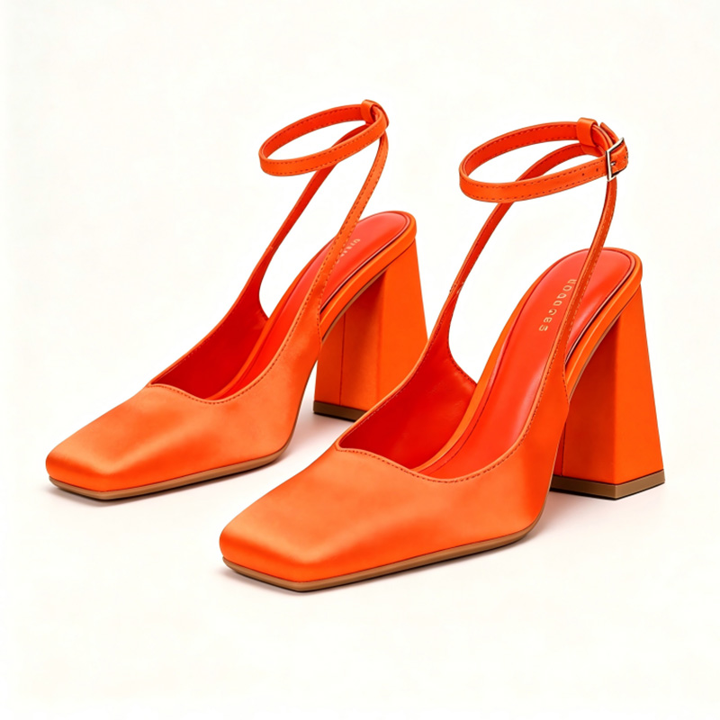 Bright Orange Satin Square Toe Ankle Strap Block Heels