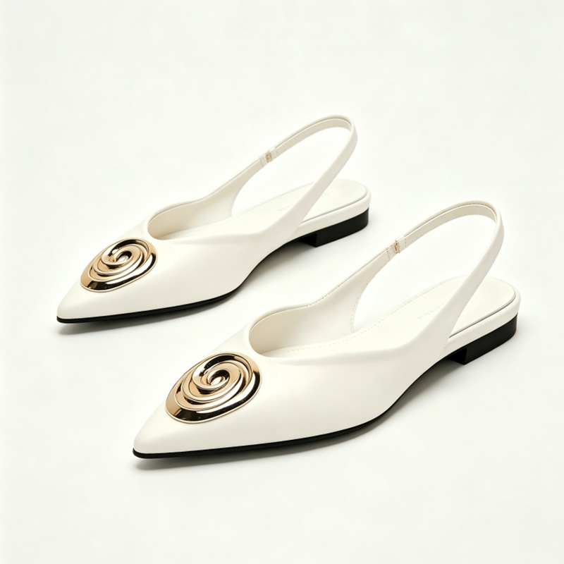 White Spiral Metal Ornament Slingback Flat Shoes Italy