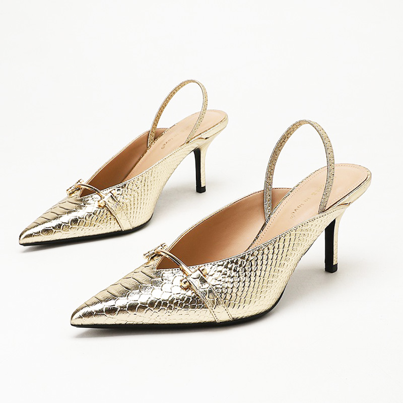 Metallic Gold Croc-Embossed Slingback Stiletto Heels