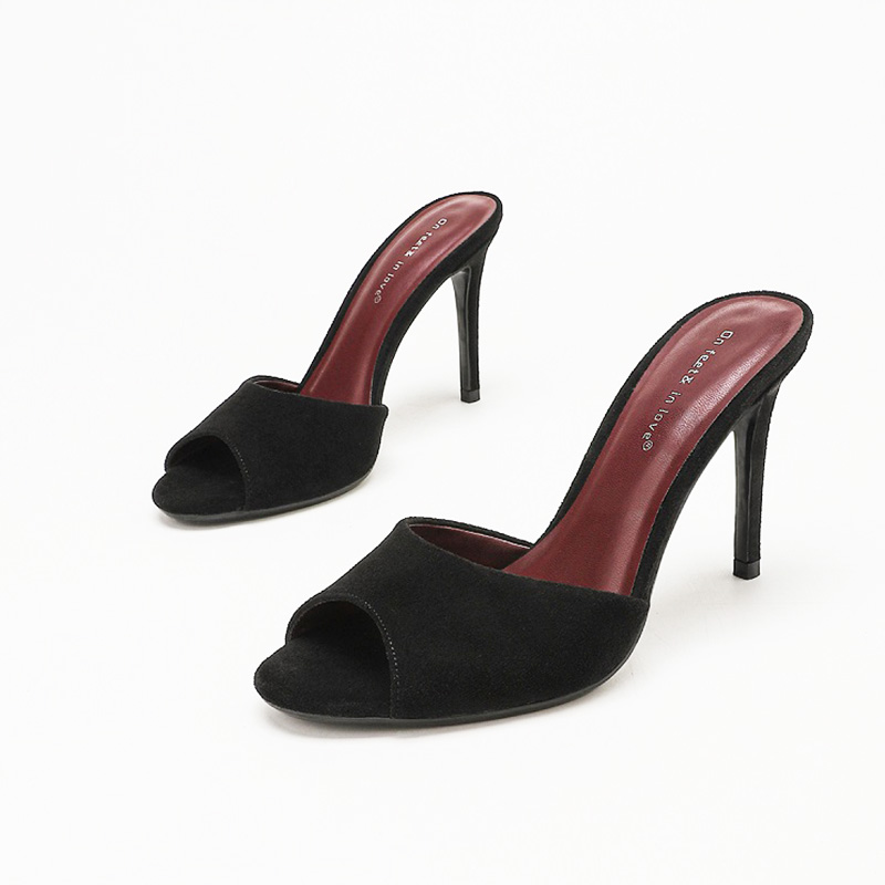 Black Suede Peep Toe Stiletto Mule Slides