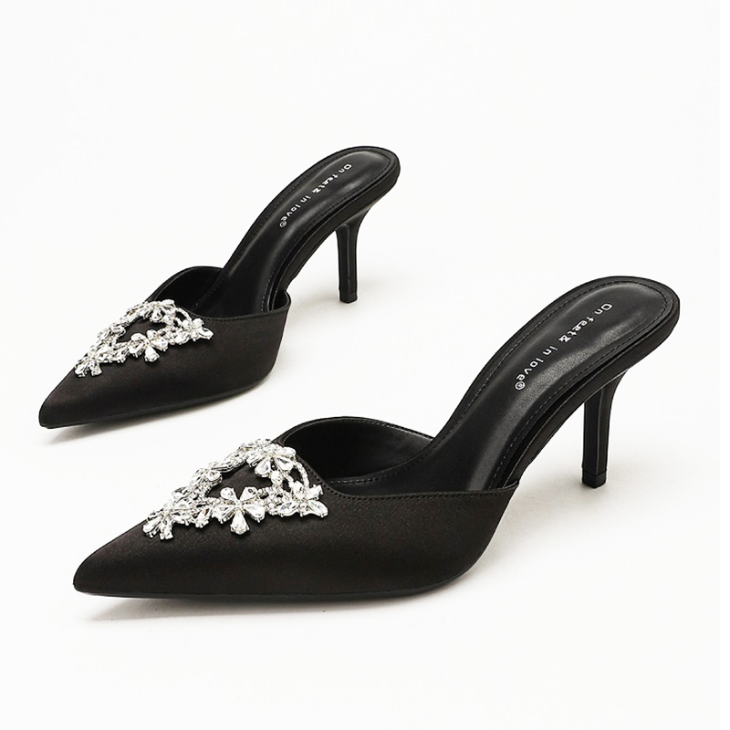 Black Satin Floral Rhinestone Pointed Toe Mule Heels — Torino Gala