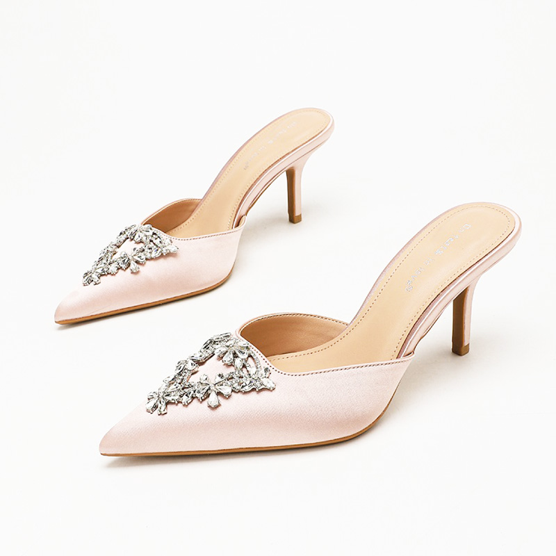 Blush Satin Floral Rhinestone Pointed Toe Mule Heels for Wedding