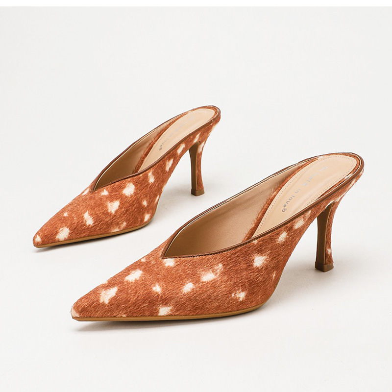 Rust Spotted Faux Fur Pointed Toe Mule Stiletto Heels - Party Shoes