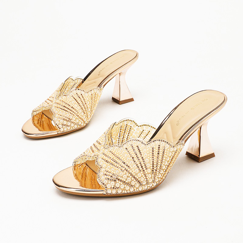 Gold Pearl Rhinestone Mule Slide Heels