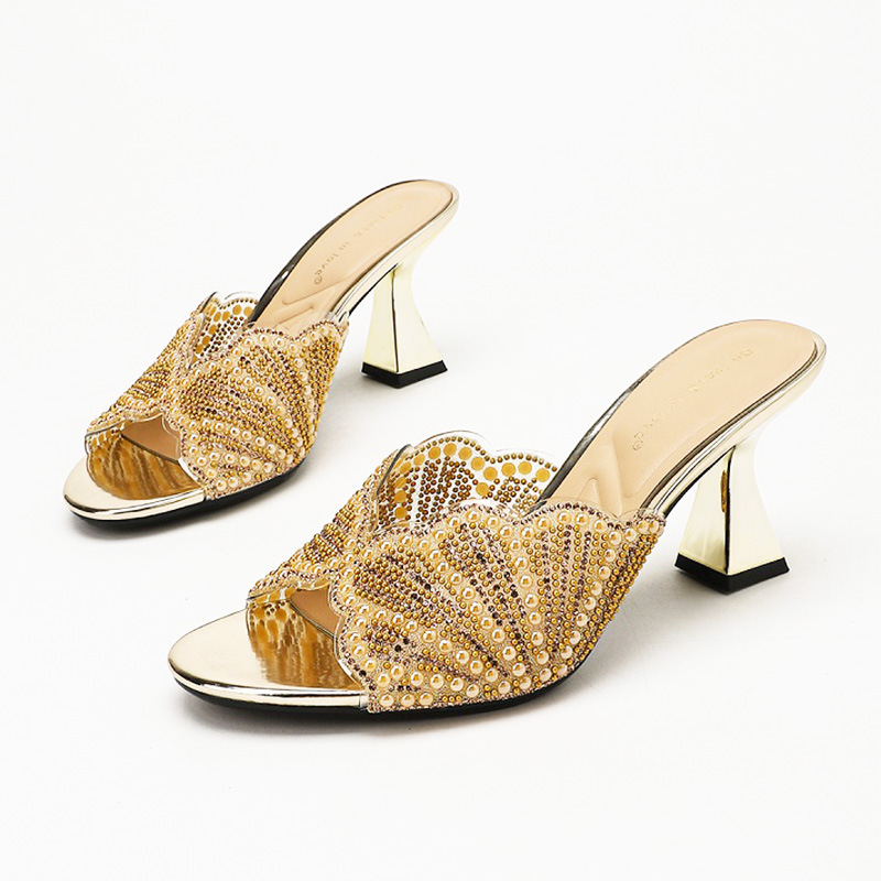 Gold Crystal Pearl Fan Mule Slide Heels Australia