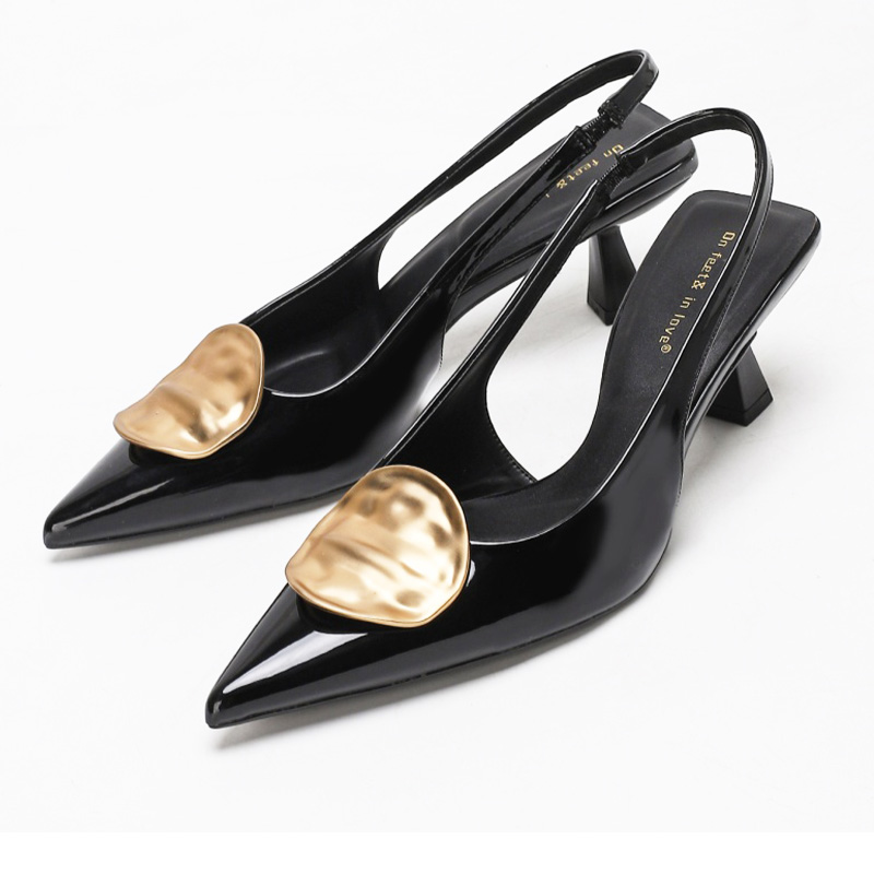 Patent Leather Gold Ornament Slingback Stiletto Heels