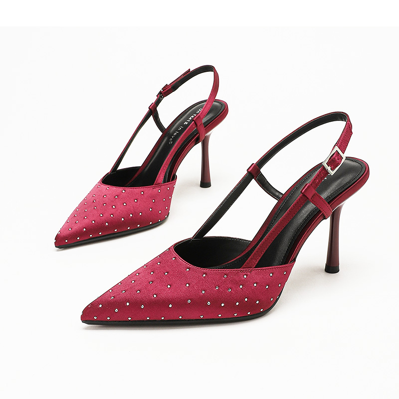 Burgundy Satin Rhinestone Pointed Toe Slingback Heels Bridal