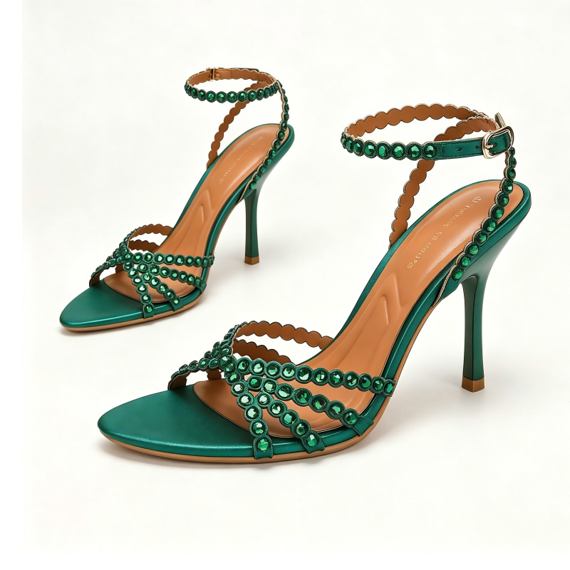 Emerald Rhinestone Square Toe Ankle Strap Stilettos