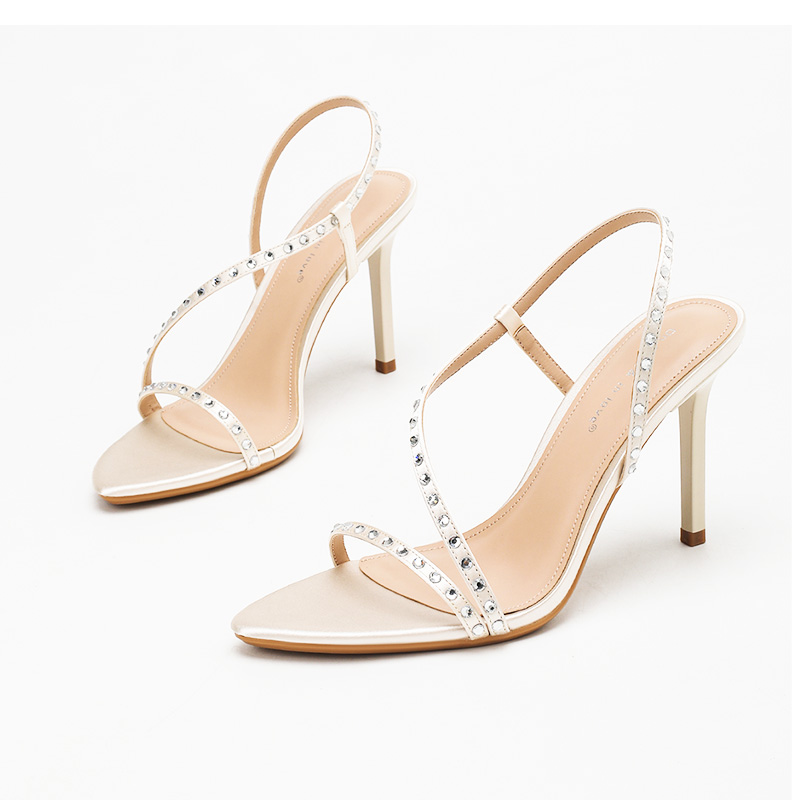 White Satin Rhinestone Thin Strap Slingback Heels
