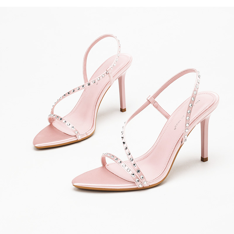 Blush Pink Satin Rhinestone Cross Strap Slingback Heels - Summer