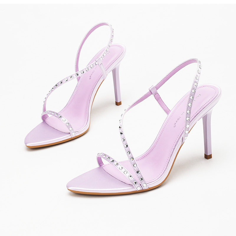 Lilac Satin Rhinestone Cross Strap Slingback Heels