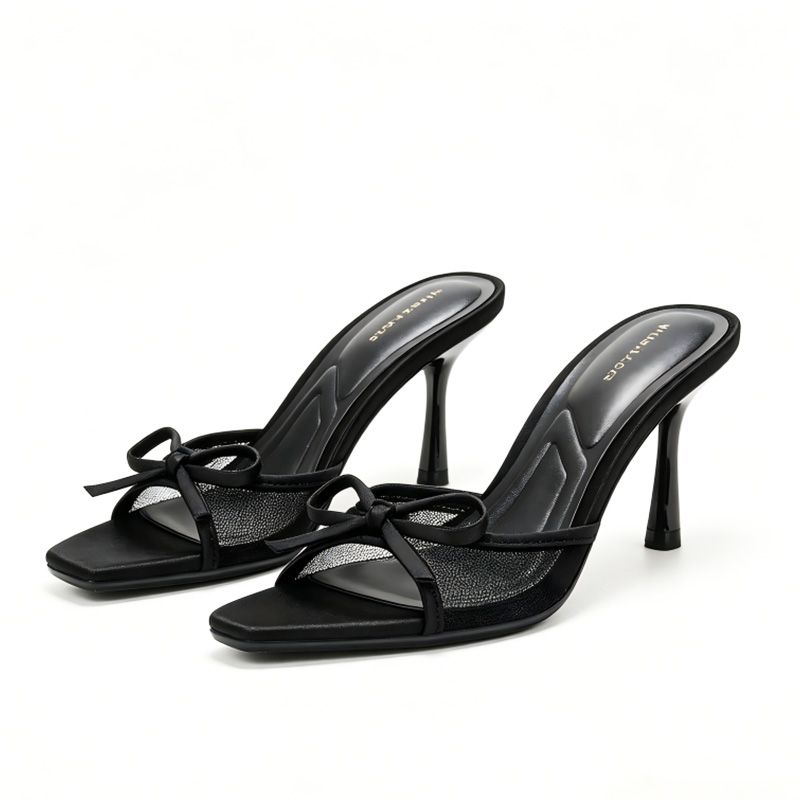 Black Mesh Bow Square Toe Stiletto Mules