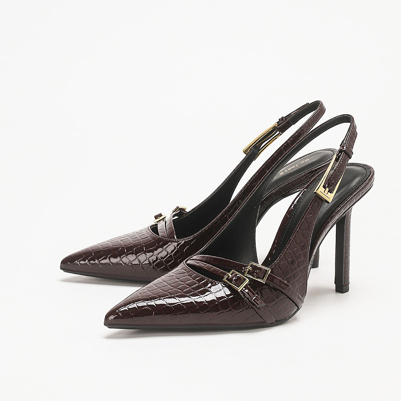 Burgundy Croc Print Double Gold Buckle Slingback Stiletto Heels
