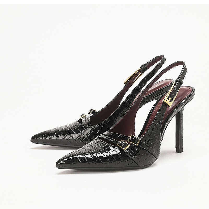 Black Croc Embossed Stiletto Heels with Gold Buckle Slingback Australia