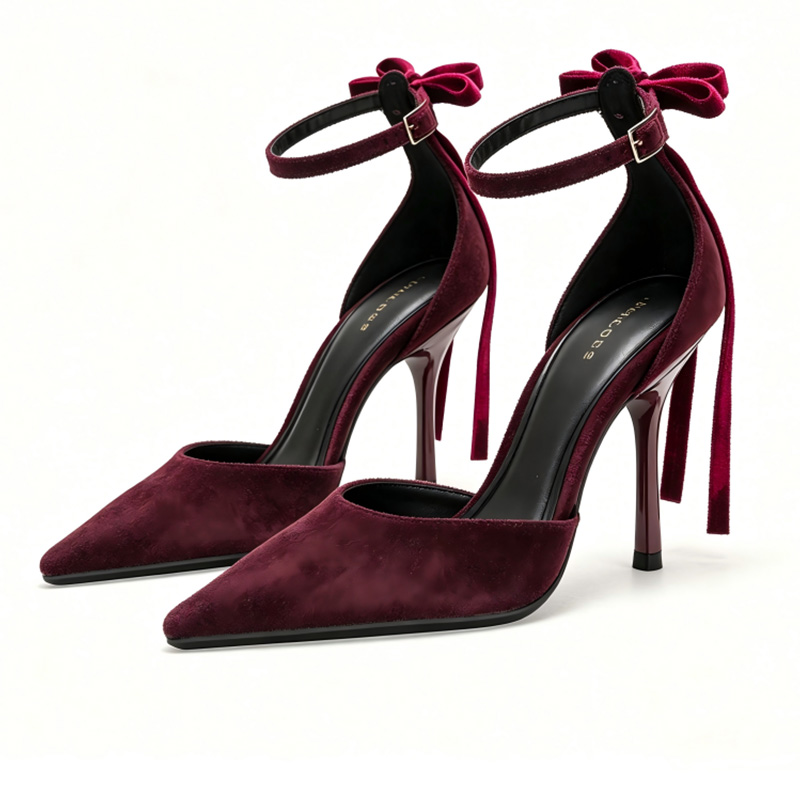 Burgundy Bow Ankle Strap Stiletto Heels Bridal