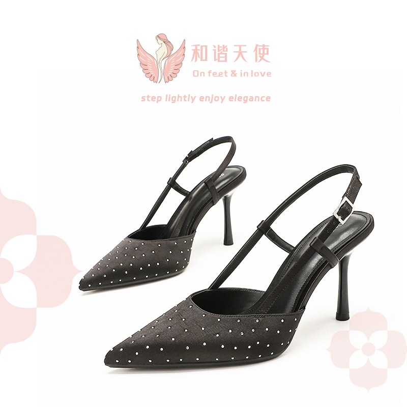 Black Satin Rhinestone Pointed Toe Slingback Heels